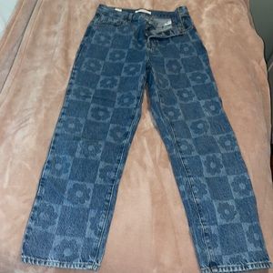 Denim checkered floral jeans